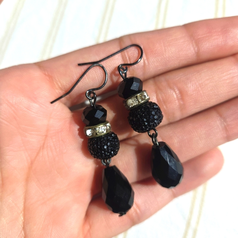 Black Art Deco Crystal Bead Vintage Antique inspired Dangle Tear Drop Earrings